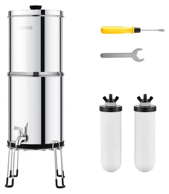 Produktbild von VEVOR Schwerkraftbetriebene Wasserfiltersystem, 2,25G 304 Edelstahl Tischfilteranlage, reduziert Blei und bis zu 99% Chlor, mit 2 Aktivkohlefiltern, 2 Defluoridationsfiltern, Wasserhahn, Aktivkohle + Keramikfilterpatrone-a, 2.25 gal-e