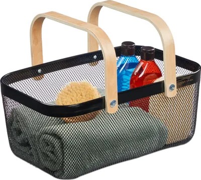 Produktbild von Relaxdays Drahtkorb mit Henkel, eckig, Aufbewahrungskorb Metall & Holz, Utensilienkorb Küche, Bad, Wohnzimmer, schwarz