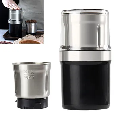 A collage showing a coffee grinder in use and its components.
