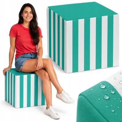 Produktbild von Quadratischer Sitzpouf Türkis Gestreift – Bequemer Hocker für Wohnzimmer & Schlafzimmer – Polsterhocker