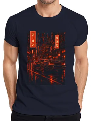 Productafbeelding van Japan Ramen Sportwagen Tokyo Nacht Neon Cyberpunk Auto Y2K JDM Heren T-shirt, Marineblauw, Maat M