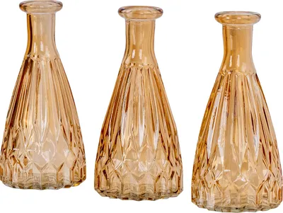 Produktbild von 3er Set Vasen Glas H15cm Amber Orange Blumenvase Tischdeko Bernstein Glasvase Blumendeko Vintage Kristallmuster Dekovase