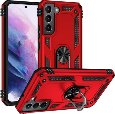 A red and black phone case with a ring holder, shown from multiple angles.