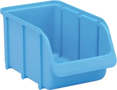 A blue plastic storage bin is shown from a slightly elevated side angle against a white background.