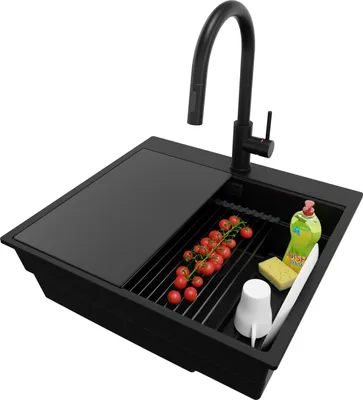 Produktbild von PRIMAGRAN Granitspüle Alles Schwarz 58x53cm, Spülbecken 1 Becken + Ablauf-Set + Küchenzubehörset, Küchenspüle ab 60er Unterschrank - Oslo Max