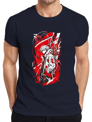 Zdjęcie produktu dla Koszulka męska z motywem anime, cyberpunk, techwear, w kolorach: biały i granatowy, rozmiar 3XL. Motywy: manga, otaku, Japonia, styl Y2K, gamer