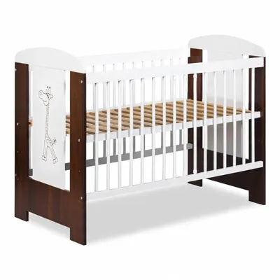 Obrázok produktu pre Detská postieľka 120 x 60 cm Safari Žirafa Biela/Orech – Drevená detská postieľka s nastaviteľnou výškou – Postieľka s mriežkou a motívom