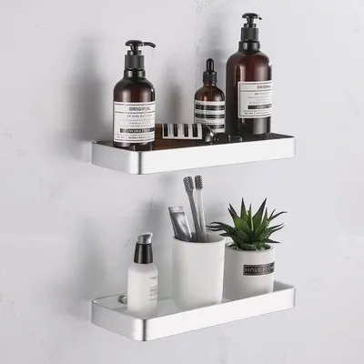 Imagen del producto de Estante para ducha Unyqoos® sin necesidad de taladro: estante de aluminio autoadhesivo con vidrio esmerilado, 30 x 12,8 x 4 cm, 2 unidades, color plateado, con capacidad de carga de hasta 10 kg