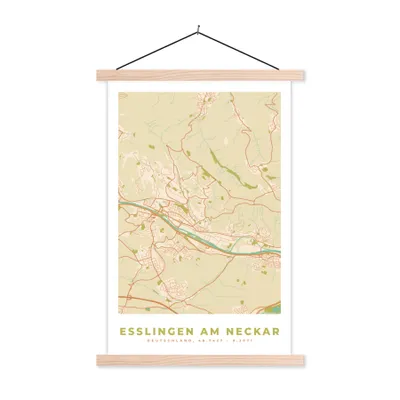 Produktbild von MuchoWow® Textilposter Esslingen am Neckar - Karte - Vintage - Stadtplan 120x180 cm mit holzfarbenen Rahmen - Textil-Plakat
