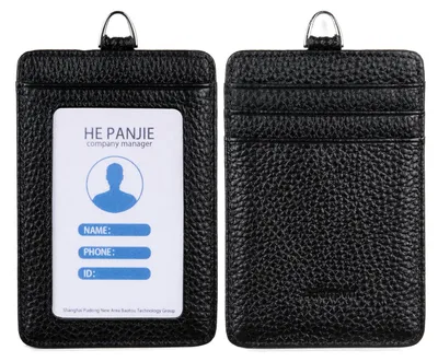 Image de Étui à carte d'identité en cuir, avec lanière (7,6 x 11,4 cm), fenêtre transparente et 3 compartiments à cartes (des deux côtés)