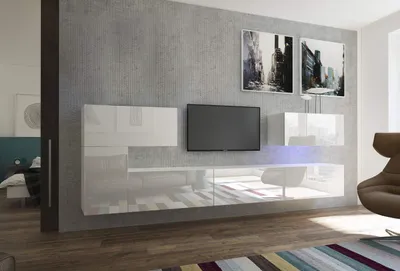 Immagine prodotto di Furnitech Parete attrezzata soggiorno - Mobili da soggiorno con LED RGB - 16 colori - Parete attrezzata moderna - Parete attrezzata soggiorno con mensole e mobile TV (AN12-18W-HG2 1B)