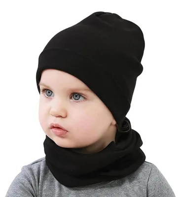 Immagine prodotto di Set berretto e sciarpa in cotone nero per bambini, taglia 6-18 mesi