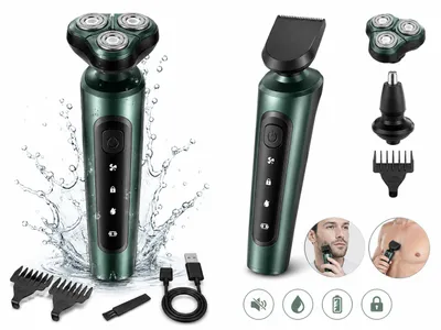 Produktbild von 3-in-1 Herrenrasierer mit Bart- und Nasentrimmer, für Nass- und Trockenrasur, beweglichem Scherkopf und USB-Aufladung, Schwarz
