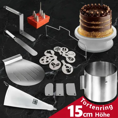 Produktbild von Aurelia Home Tortenzubehör-Set mit verstellbarem hohem Tortenring, Tortenheber, Tortenschneider, Streichpalette, Winkelpalette, drehbarer Tortenplatte, Teigschaber, Spritzbeutel, Spritztüllen-Set und Tortenschablonen