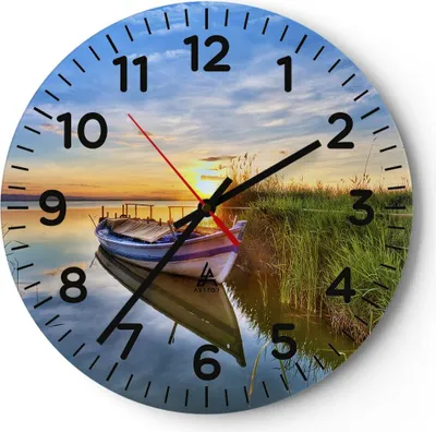 Produktbild von Wanduhr - Rund - Glasuhr - See Boot Wasser - 30x30cm - Schleichendes Uhrwerk - Lautlos - zum Aufhängen bereit - Dekoration Modern - Wanddekoration aus Glas - C4AR30x30-3950