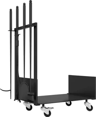 Produktbild von Kaminholzregal 48 x 30 x 76 cm Brennholzregal mit Rädern – Schaufel – Besen – Schürhaken – Zange – Seitenhaken – Feuerholzregal für Outdoor – Indoor – Metall – Schwarz