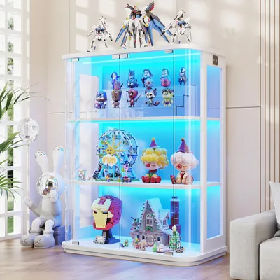 Produktbild von BROTTAR Runde schwarze Glasvitrine mit LED 3 Farben, Bewegungssensor, 4 Ebenen, grifflosen Glastüren, dimmbare Beleuchtung, für Sammler & Deko