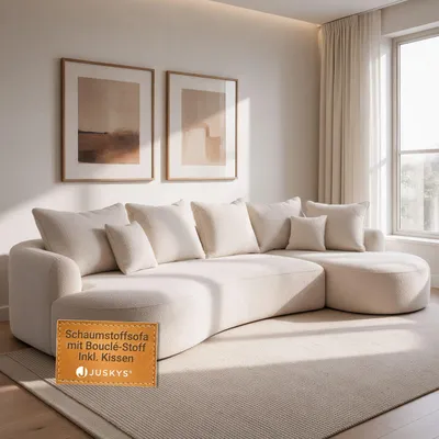 Produktbild von Juskys Sofa Tirano - modernes Bouclé Ecksofa, Creme Couch mit Ottomane rechts