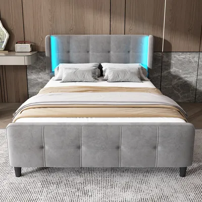 Produktbild von MODFU Jugendbett 140x200 Polsterbett mit 16-farbiger LED-Beleuchtung,Doppelbett mit Verstellbares Kopfteil,Samt,ohne Matratze,Grau