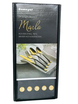 A product box for a cutlery set, featuring an image of the cutlery and brand information.
