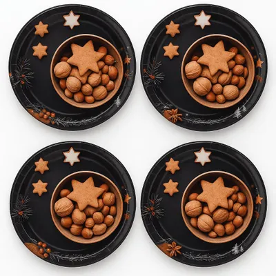 Produktbild von 4 Plätzchenteller Keksteller Weihnachtsteller aus Metall Dekoteller Kekse Nüsse