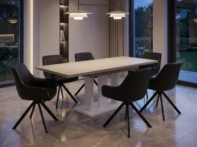 Produktbild von ENDO-Möbel Essgruppe "Appia White" - Esstisch ausziehbar 130-210cm in Kaschmir Beige für 6 Personen mit Stühlen in PolyurethanKunstleder-Schwarz