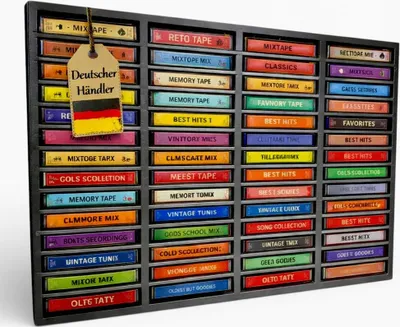 A rack filled with cassette tapes, with a tag hanging from the top.