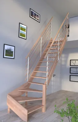 Produktbild von Holztreppe Rhodos in 1/4 gewendelter Ausführung rechts-Buche-rechts- Design Geländer Holzrundstäbe-beidseitig-ohne Setzstufen