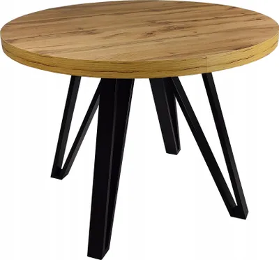 A round wooden table with black metal legs against a white background.
