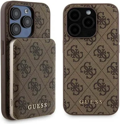Produktbild von Guess Bundle Pack MagSafe 4G Metall Gold Logo - Etui Set + Power Bank 5000mAh MagSafe iPhone 15 Pro Max (braun)