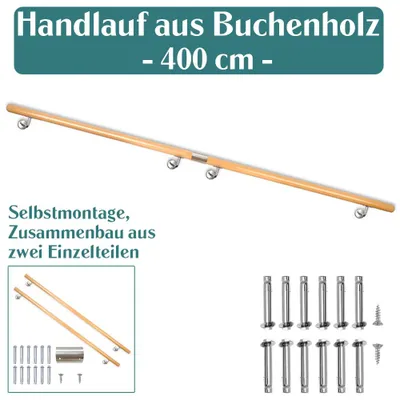 Produktbild von Buche Holz Handlauf Treppengeländer Geländer für Treppe Wandhandlauf Wand seitliche Montage Auswahl Länge 50 - 500 cm, Länge:400 cm