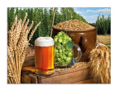 Produktbild von Wallario Herdabdeckplatte aus Glas, Größe 70 x 52 cm 2-teilig, Motiv Frisch gezapftes Bier, Hopfen und Malz