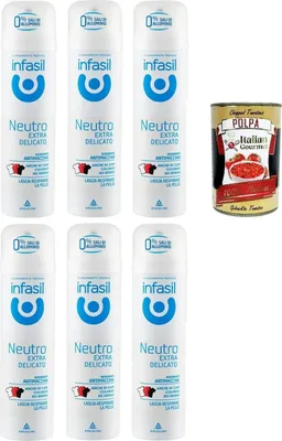 Produktbild von Infasil Deodorant-Spray, neutral, extra sanft, fleckenabweisende Formel ohne Aluminiumsalze, wirksam bis zu 24 Stunden, 6x 150 ml + Italian Gourmet polpa 400g