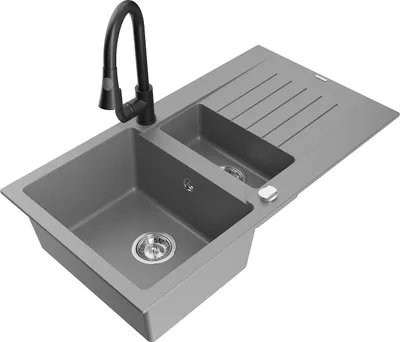 Produktbild von Mexen Matias 1,5-Becken-Granitspüle mit Abtropffläche und Mischbatterie Elia, Grau - 6502-71-670101-70