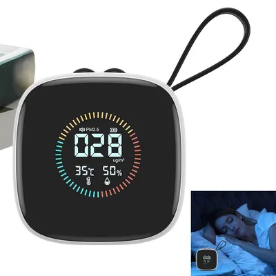 Produktbild von Handliches Luftqualitätsmessgerät mit kleinem LED-Display und multifunktionalem Feuchtigkeitsmesser, geeignet für Schlafzimmer und Wohnzimmer.
