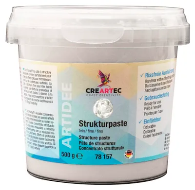 Produktbild von CREARTEC Strukturpaste Fein Weiß - 500g - einfärbbar - zum dreidimensionalen Verarbeiten glatter Strukturen und mehr