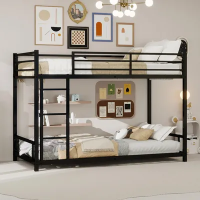 Productafbeelding van Metaalbed met twee bedden, elk 90x190 cm, zwart - Stabile ladder en veiligheidsrelingen - Geluidsarme metalen lattenbodem - Draagvermogen: 200 kg