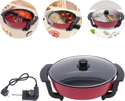 A collage of images showing an electric hot pot from different angles and in use, with a separate image of the hot pot and its power cord.
