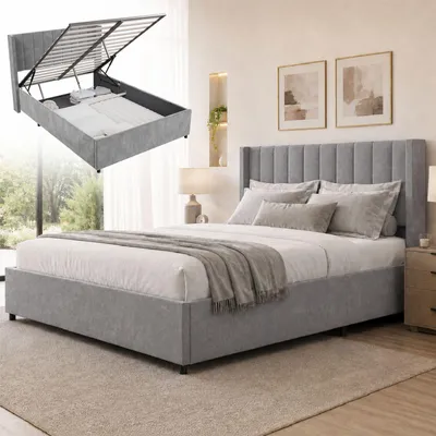 Produktbild von Juskys Polsterbett Savona 140x200 cm - Bett mit Stauraum, Lattenrost, Samt-Bezug - Bettgestell aus Holz, bis 250 kg, großes Kopfteil - Hellgrau