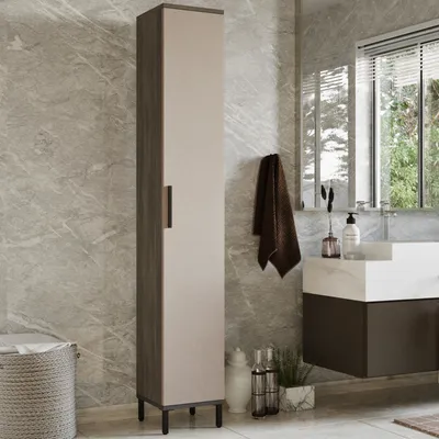 Obrázek produktu pro Vysoká skříňka Lieto koupelnová skříňka 184 x 30 x 30 cm úzký koupelnový nábytek s jedněmi dvířky dub šedý