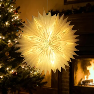 Produktbild von 3D Papiersterne Zum Aufhängen, Wanddeko Batterie mit Timer Zum Aufhängen Deko Türdeko Rot - Schneeflockenlampe, 60 cm