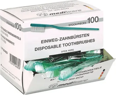 Produktbild von Mediware Einmal-Zahnbürste ohne Zahnpulver grün - 100 Stück | Packung (100 Stück)