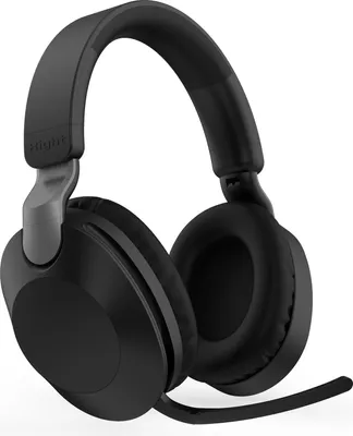 A black over-ear headset with a microphone is shown against a white background.