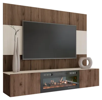 Produktbild von MIRJAN24 Wohnwand Deromi III, Wohnzimmer Möbel Set, Mit Kamin, Griffloses Öffnungssystem push to open, 2er-Set (Farbe: Nuss Okapi / Nuss Okapi + Travertin)
