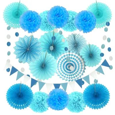 Image de Kit de décoration pour fête, couleur bleu, comprenant 20 pièces : pompons, éventails, guirlandes et fanions