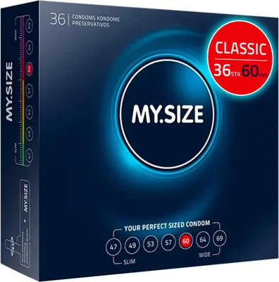 Obrázok produktu pre MY.SIZE Classic kondómy veľkosť 5 | šírka 60 mm | veľké balenie 36 kusov | extra tenké, prirodzené, jemné ako pavučina | tenká stena s hrúbkou 0,07 mm