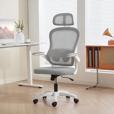Produktbild von Bürostuhl Netzrücken ergonomisch, Schreibtischstuhl höhenverstellbar, klappbare Armlehnen, Wippfunktion, Grau | 64x62x115 cm | 10,5 kg