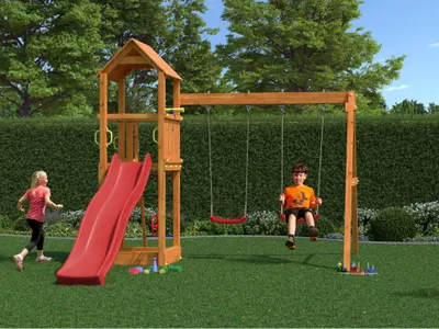 Produktbild von Spielturm Flappi teakfarben inkl. Doppelschaukel + Rutsche rot