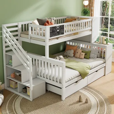 Produktbild von Etagenbett mit 2 Liegeflächen und Lattenrost, 90x200 cm/140x200 cm, Kinderbett mit Rausfallschutz und Aufbewahrung
