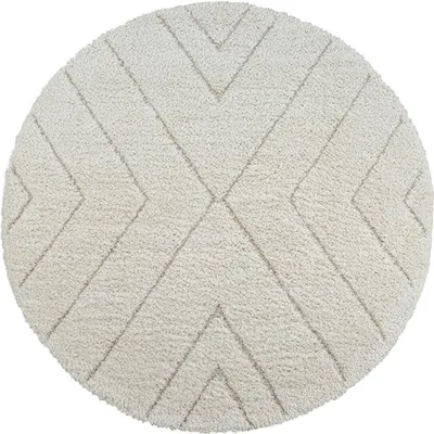 A circular rug with a geometric pattern.